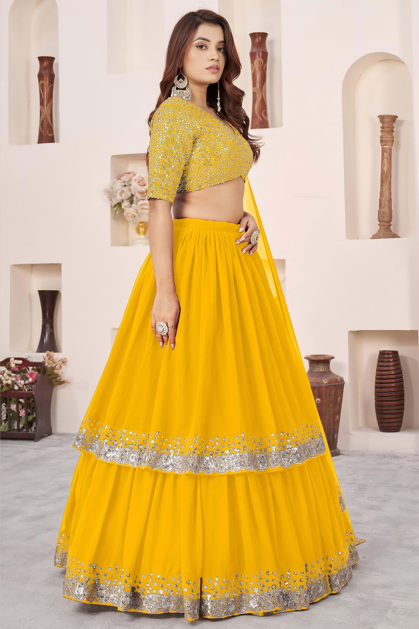Yellow Georgette Lehenga Choli For Indian & Pakistani Wedding Festival - Sequence Embroidery Work, Zari Work