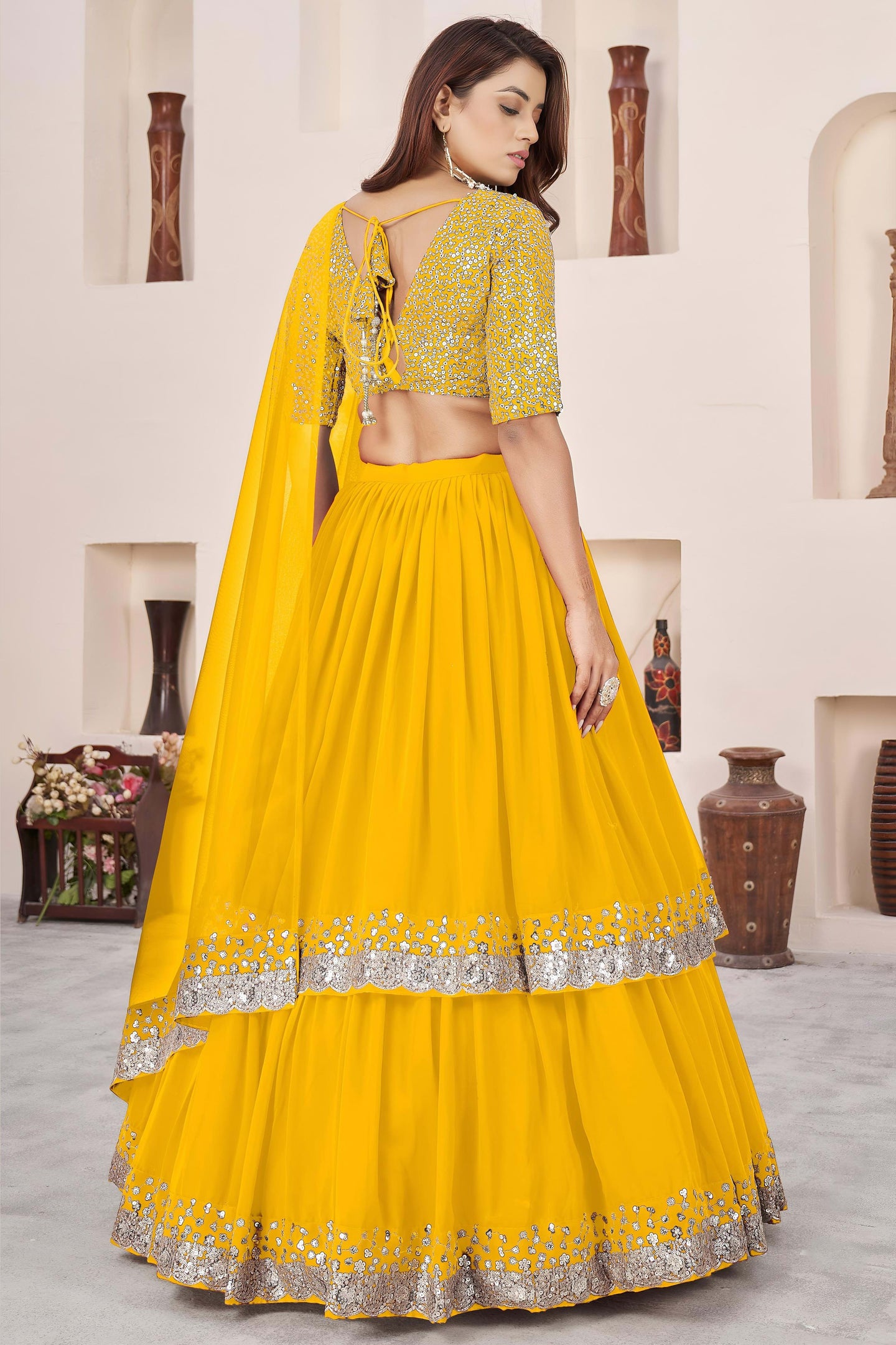 Yellow Georgette Lehenga Choli For Indian & Pakistani Wedding Festival - Sequence Embroidery Work, Zari Work