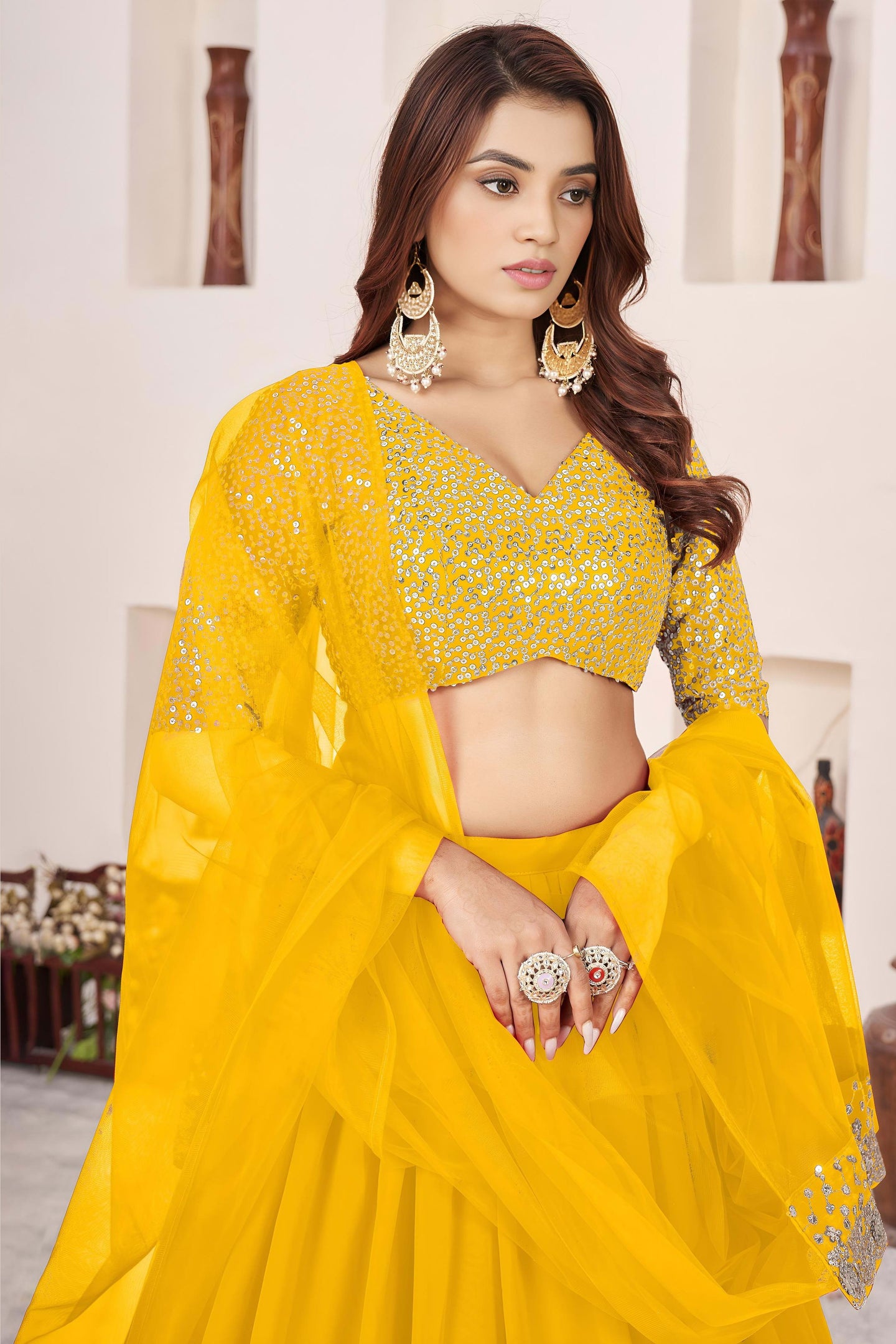 Yellow Georgette Lehenga Choli For Indian & Pakistani Wedding Festival - Sequence Embroidery Work, Zari Work
