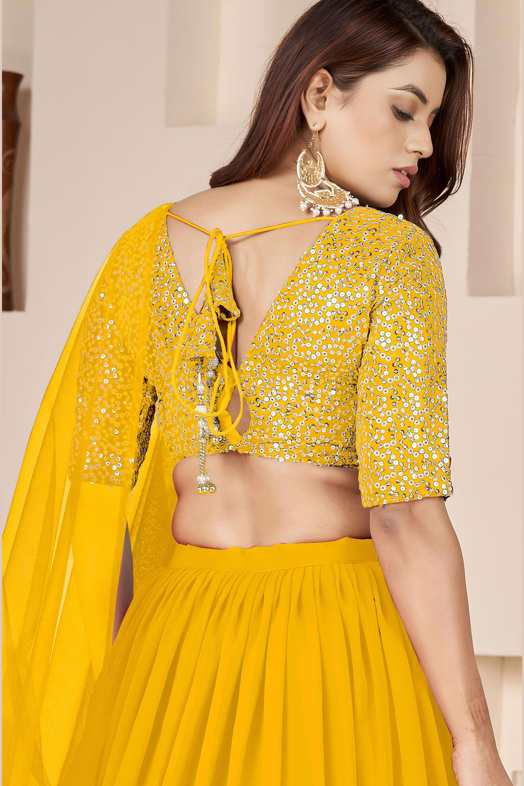 Yellow Georgette Lehenga Choli For Indian & Pakistani Wedding Festival - Sequence Embroidery Work, Zari Work