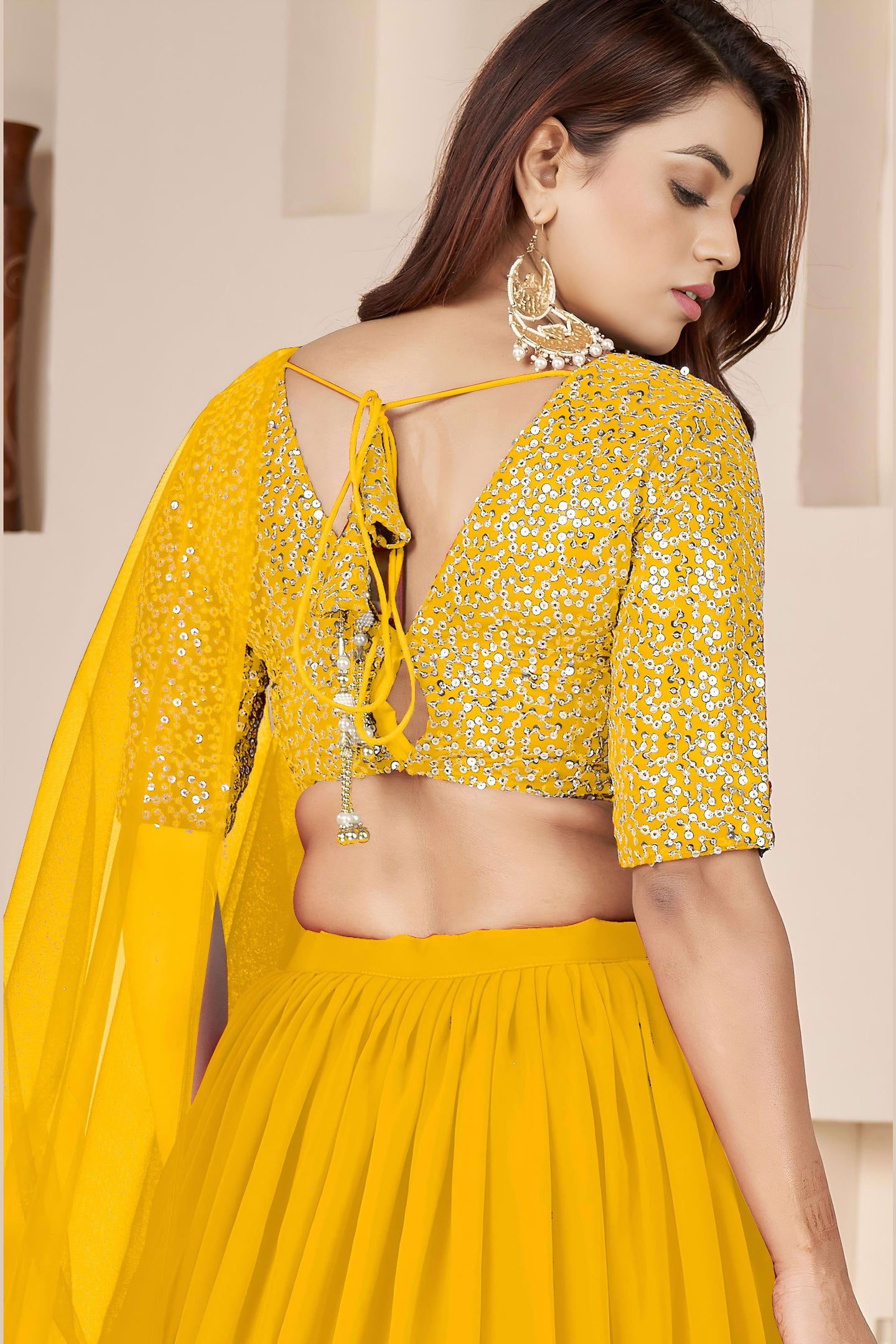 Yellow Georgette Lehenga Choli For Indian & Pakistani Wedding Festival - Sequence Embroidery Work, Zari Work