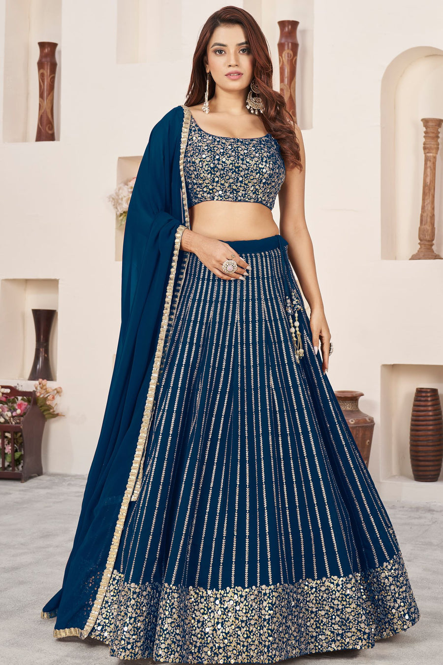 Blue Georgette Embroidered Lehenga Choli with Zari and Sequins