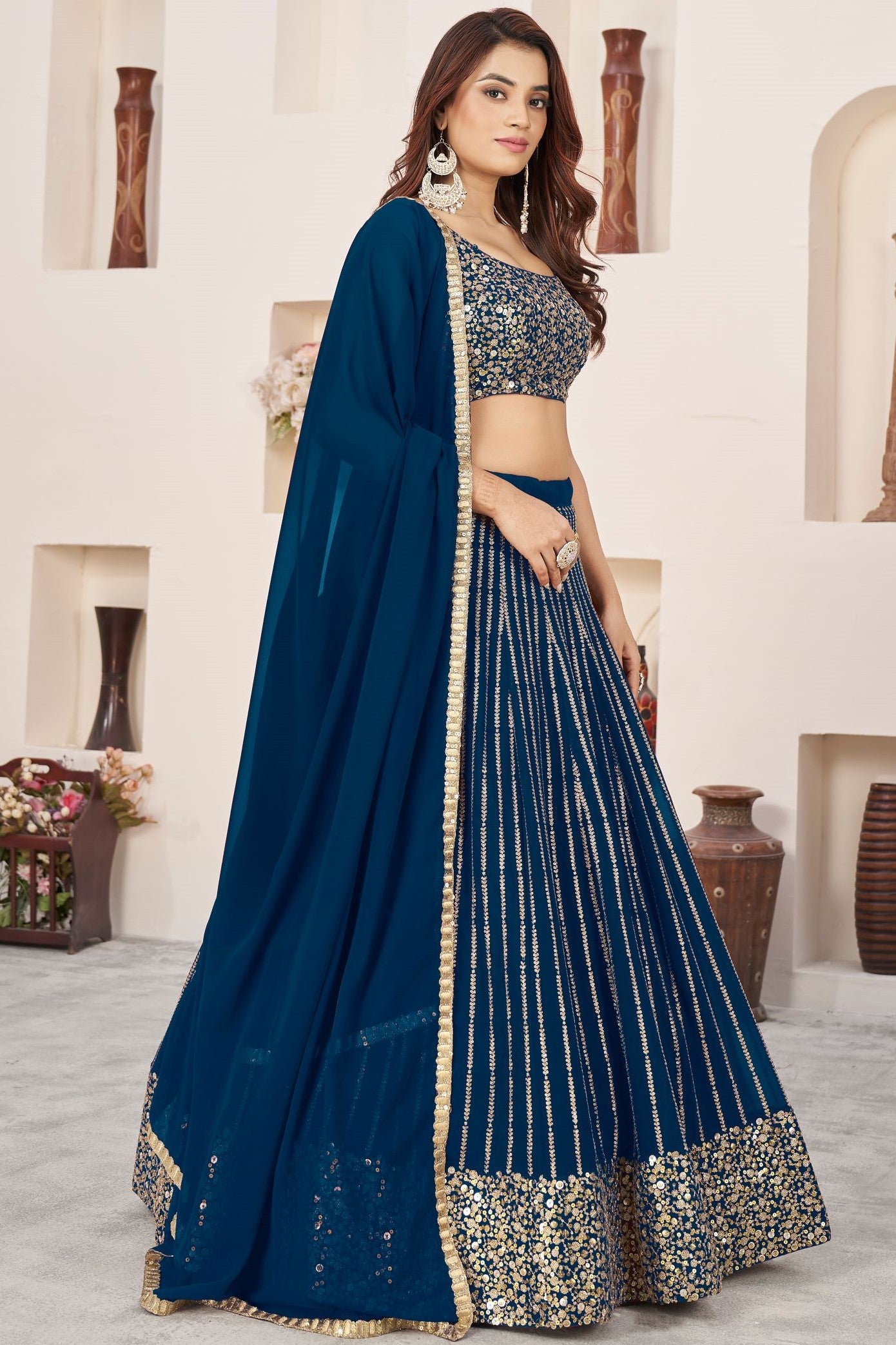 Blue Georgette Embroidered Lehenga Choli with Zari and Sequins