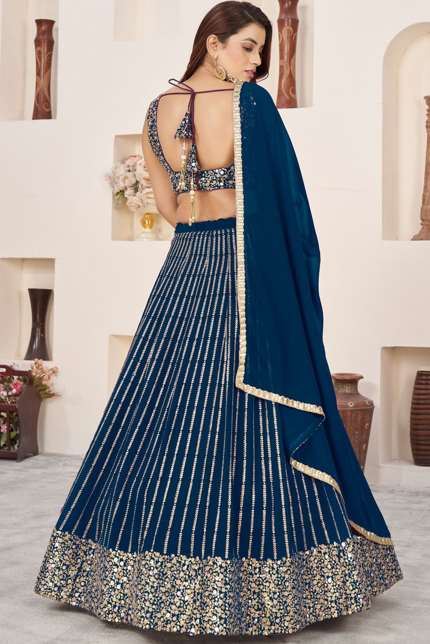 Blue Georgette Embroidered Lehenga Choli with Zari and Sequins