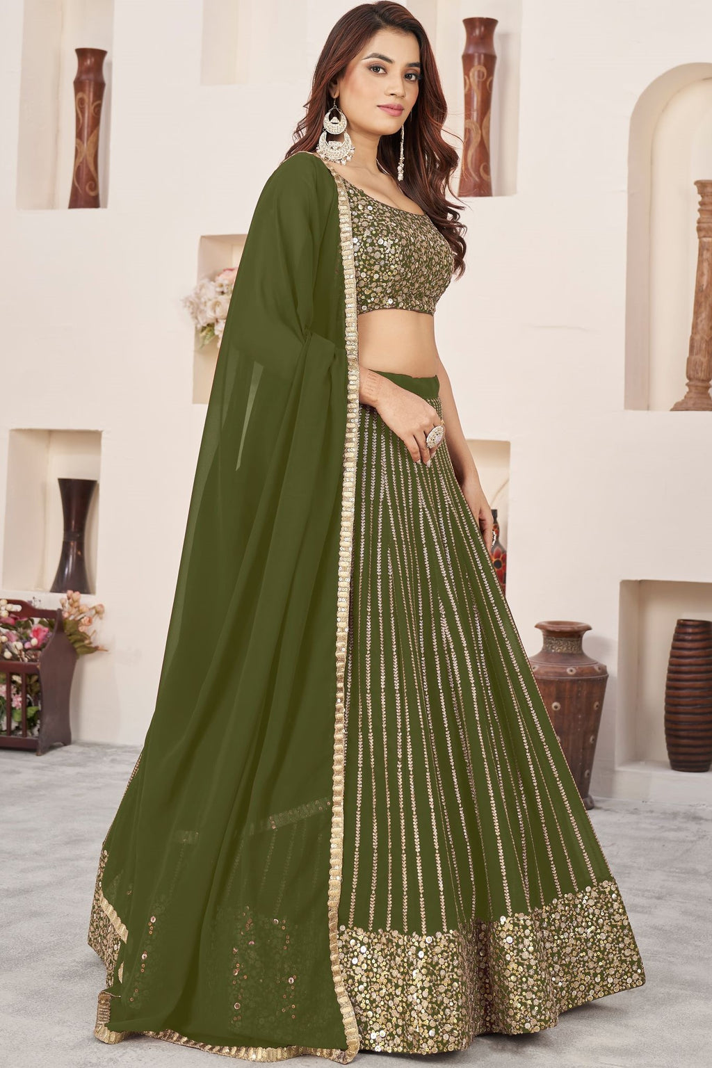 Olive Georgette Embroidered Lehenga with Zari and Sequins