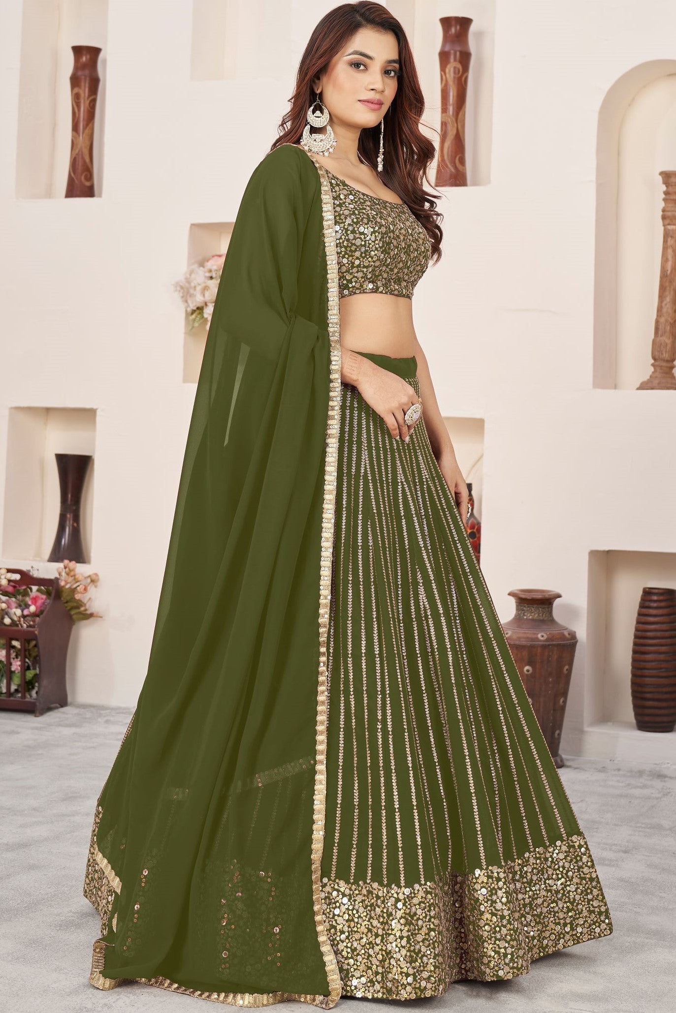 Olive Georgette Embroidered Lehenga with Zari and Sequins