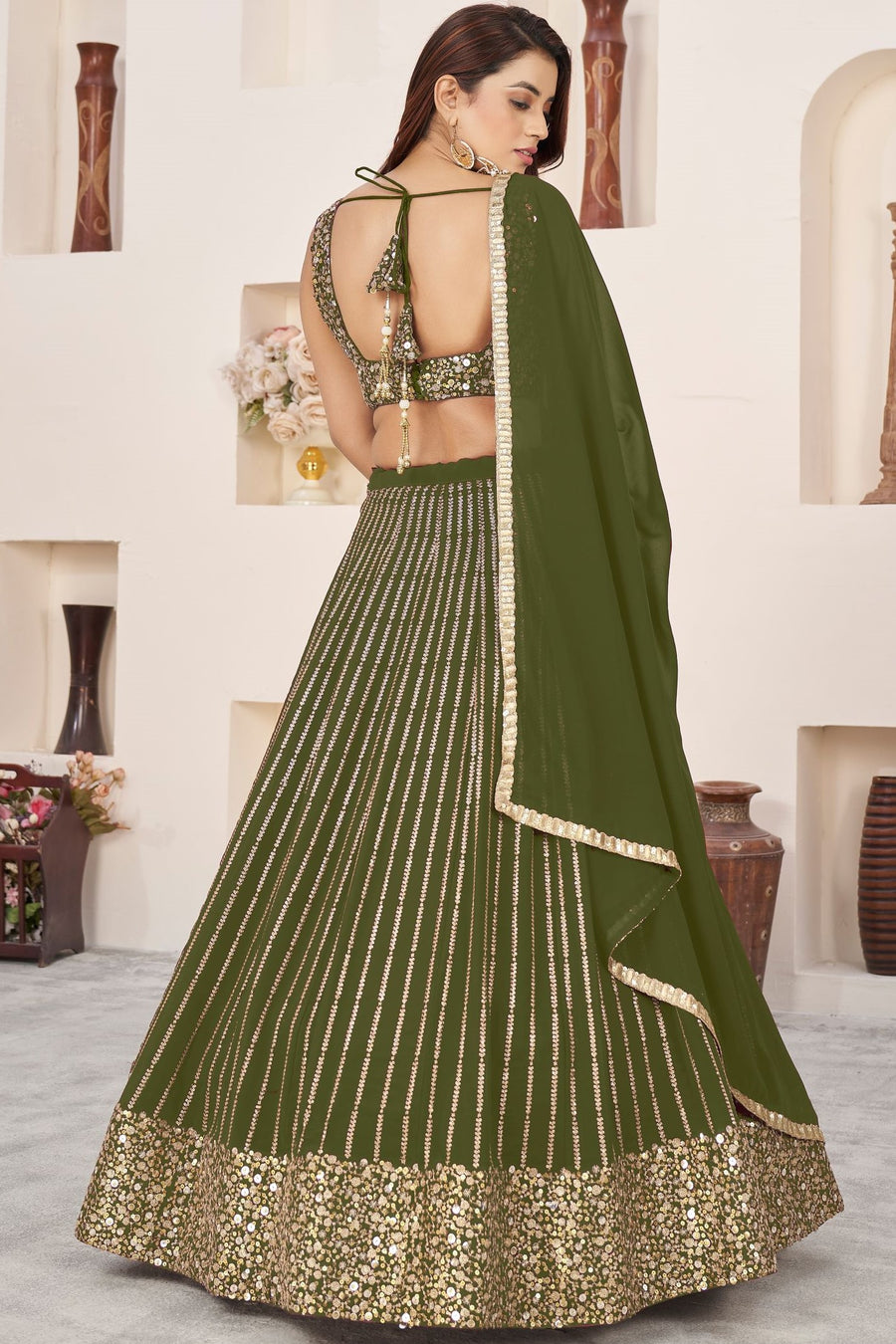 Olive Georgette Embroidered Lehenga with Zari and Sequins