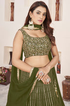 Olive Georgette Embroidered Lehenga with Zari and Sequins