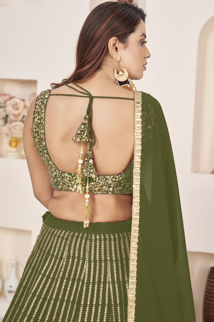 Olive Georgette Embroidered Lehenga with Zari and Sequins