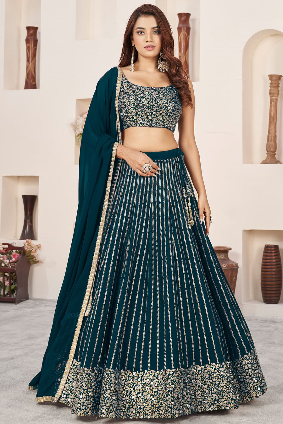 Teal Georgette Embroidered Lehenga with Zari and Sequins