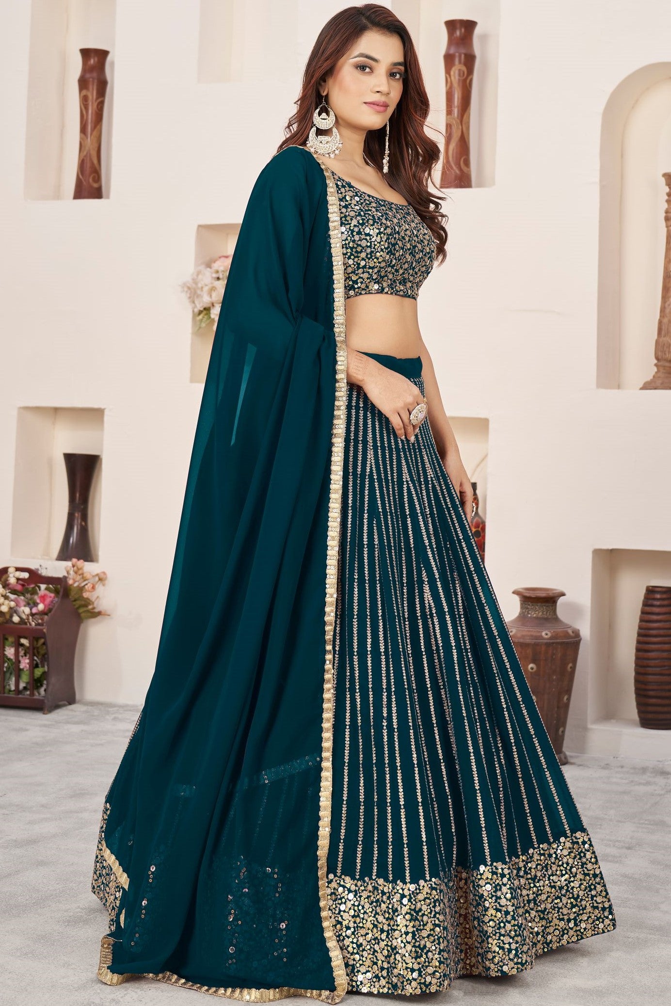 Teal Georgette Embroidered Lehenga with Zari and Sequins