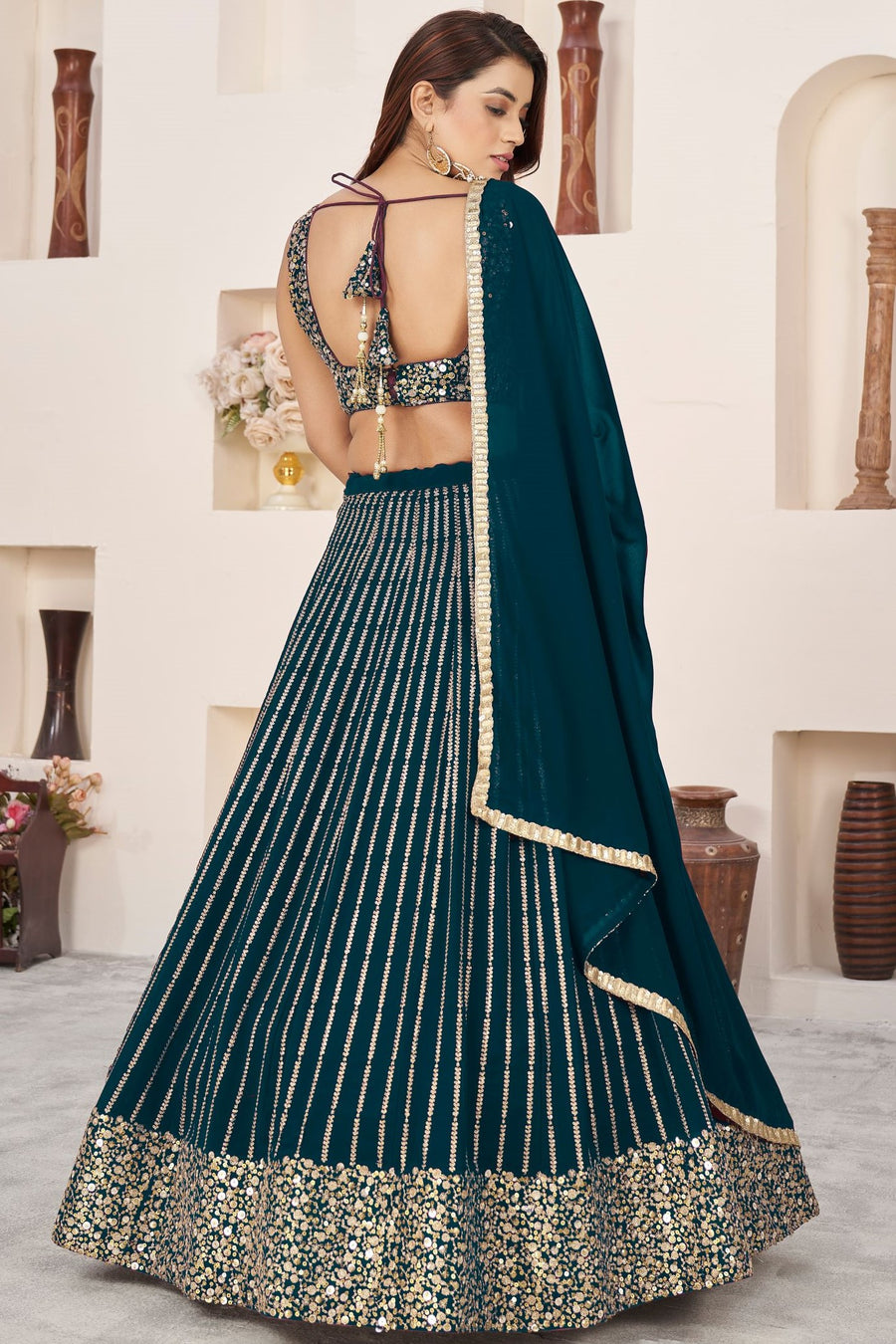 Teal Georgette Embroidered Lehenga with Zari and Sequins