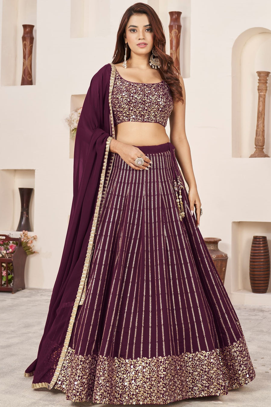 Wine Georgette Embroidered Lehenga Choli with Zari Work