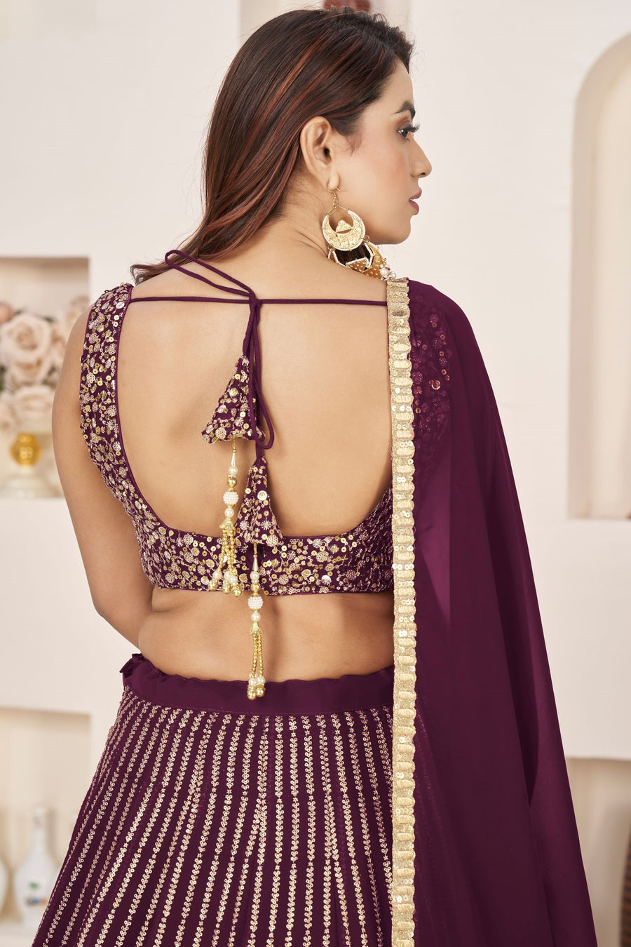 Wine Georgette Embroidered Lehenga Choli with Zari Work