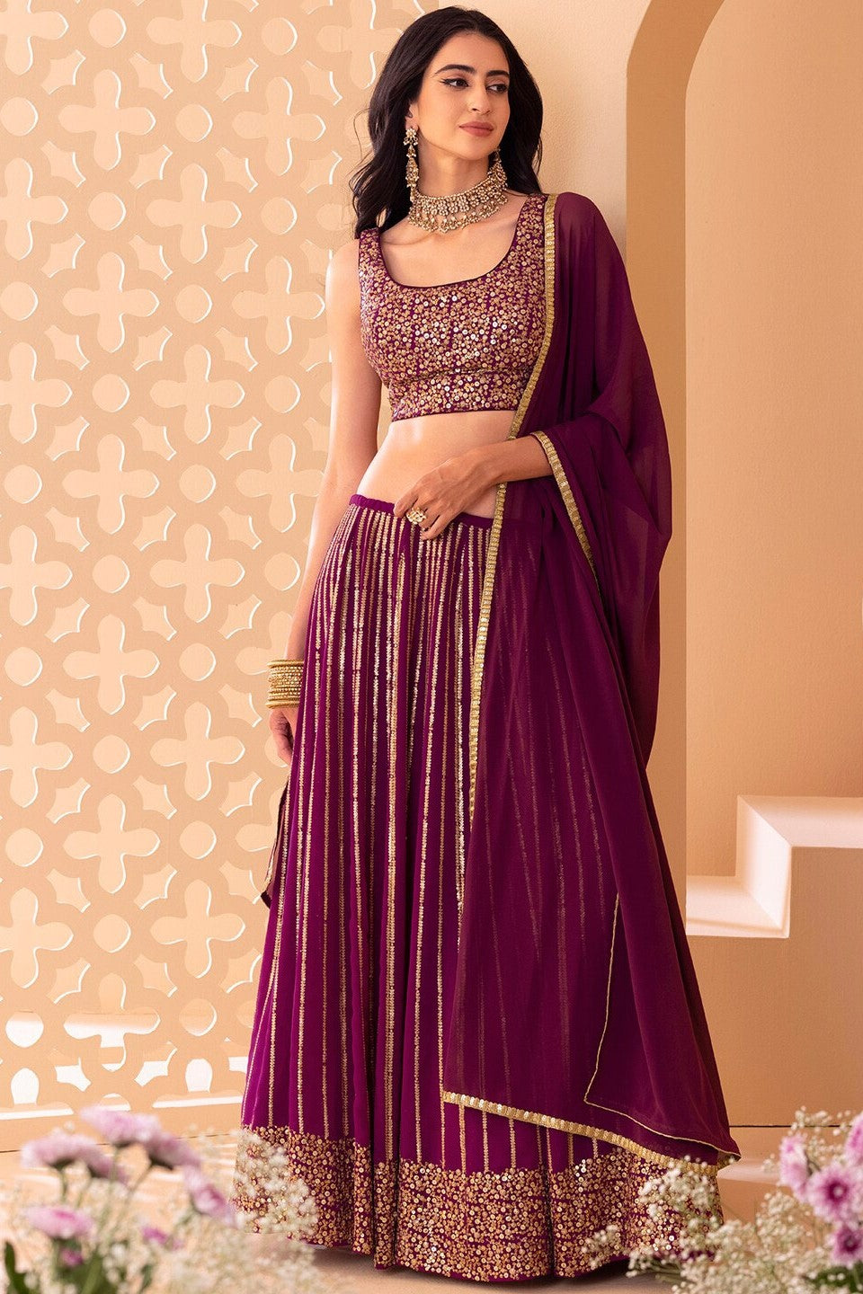Wine Georgette Lehenga Choli For Indian Festivals & Pakistani Weddings Dress - Sequence Embroidery Work, Zari Work