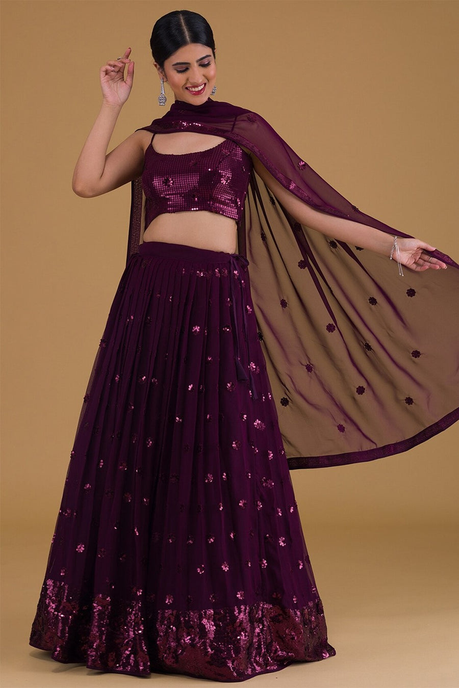 Wine Purple Georgette Lehenga Choli For Indian Festivals & Pakistani Weddings Dress - Sequence Embroidery Work, Zari Work