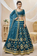 Teal Art Silk Lehenga Choli For Indian & Pakistani Wedding Festival - Sequins & Thread Embroidery Work, Zari Work