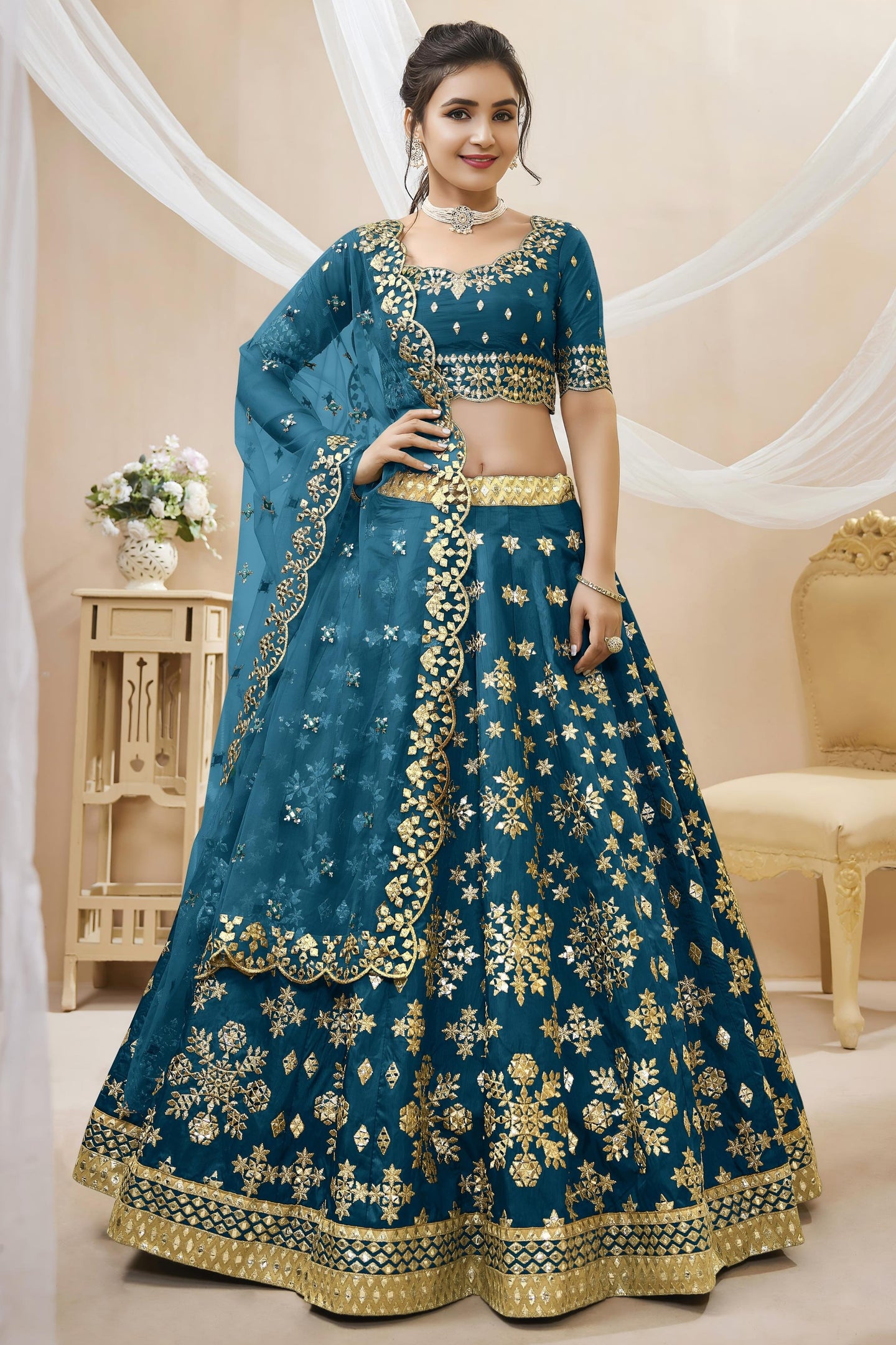 Teal Art Silk Lehenga Choli For Indian & Pakistani Wedding Festival - Sequins & Thread Embroidery Work, Zari Work
