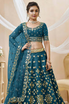 Teal Art Silk Lehenga Choli For Indian & Pakistani Wedding Festival - Sequins & Thread Embroidery Work, Zari Work