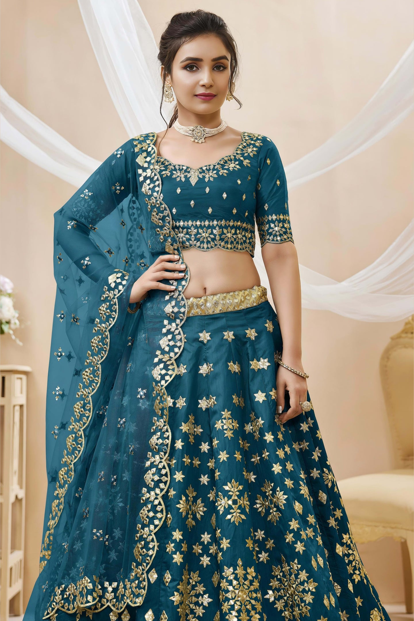 Teal Art Silk Lehenga Choli For Indian & Pakistani Wedding Festival - Sequins & Thread Embroidery Work, Zari Work