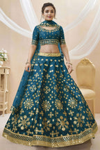 Teal Art Silk Lehenga Choli For Indian & Pakistani Wedding Festival - Sequins & Thread Embroidery Work, Zari Work