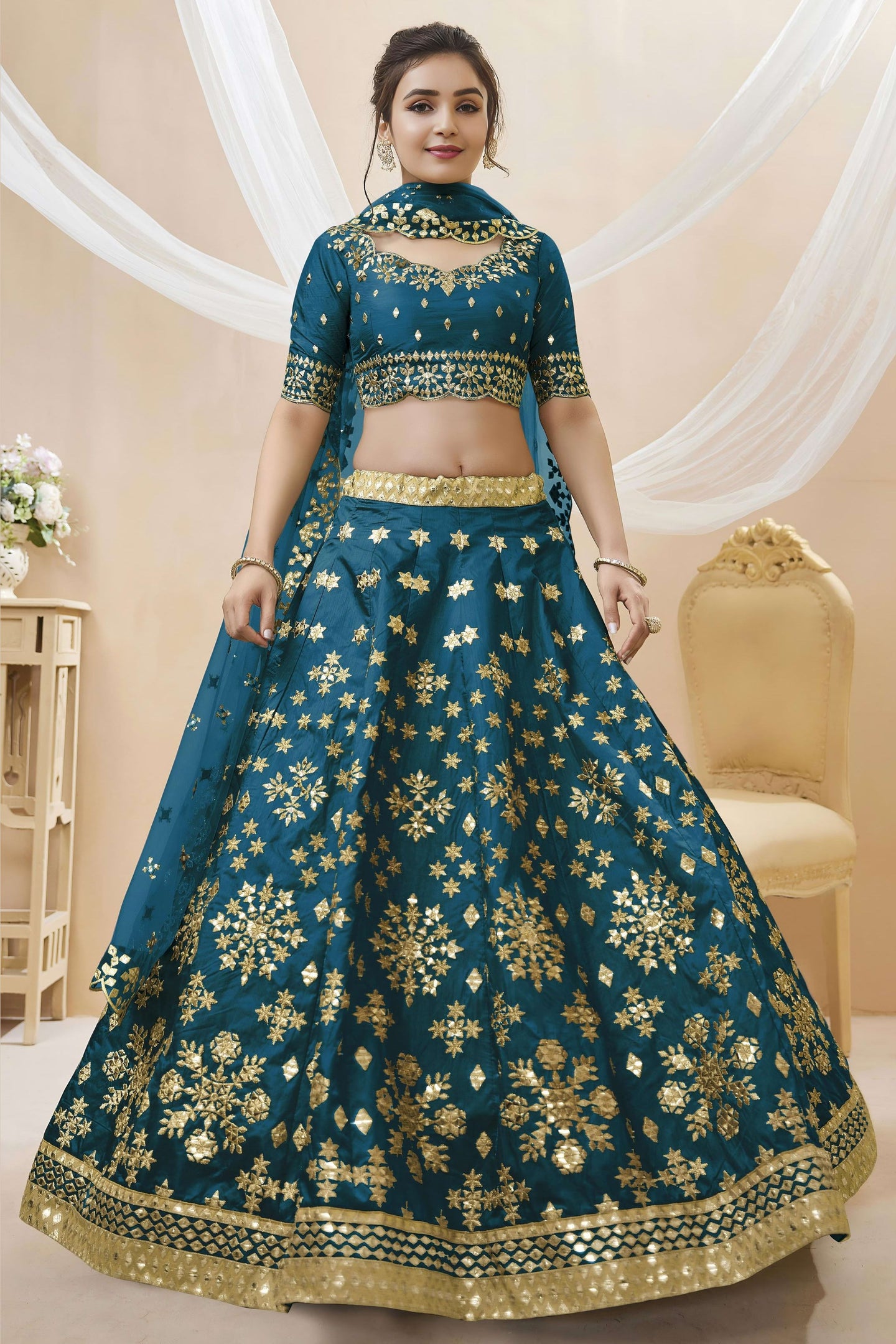 Teal Art Silk Lehenga Choli For Indian & Pakistani Wedding Festival - Sequins & Thread Embroidery Work, Zari Work
