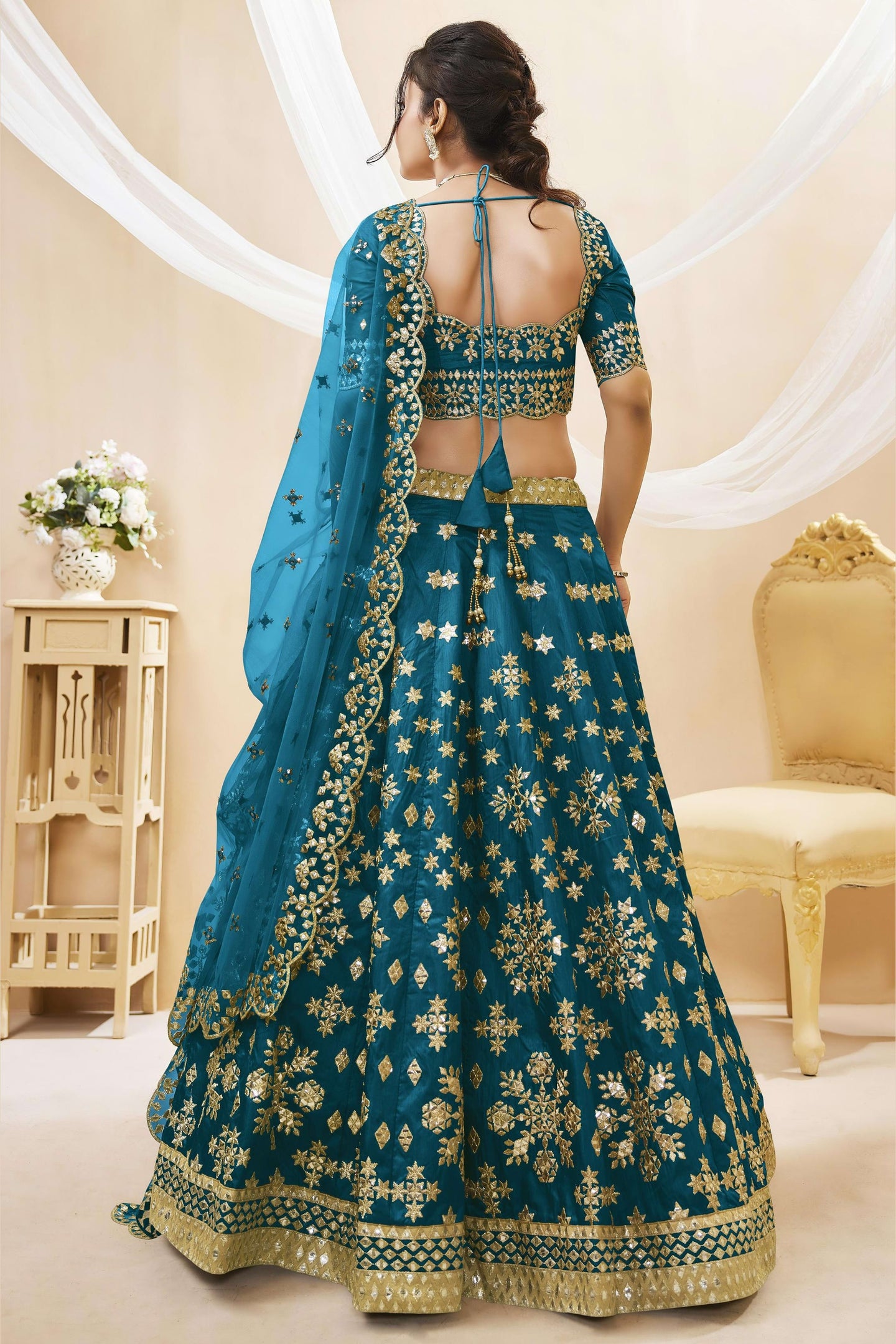 Teal Art Silk Lehenga Choli For Indian & Pakistani Wedding Festival - Sequins & Thread Embroidery Work, Zari Work