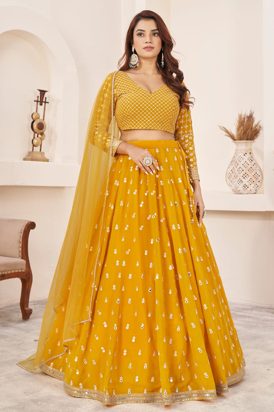 Yellow Georgette Lehenga Choli for Haldi Outfits for Guests