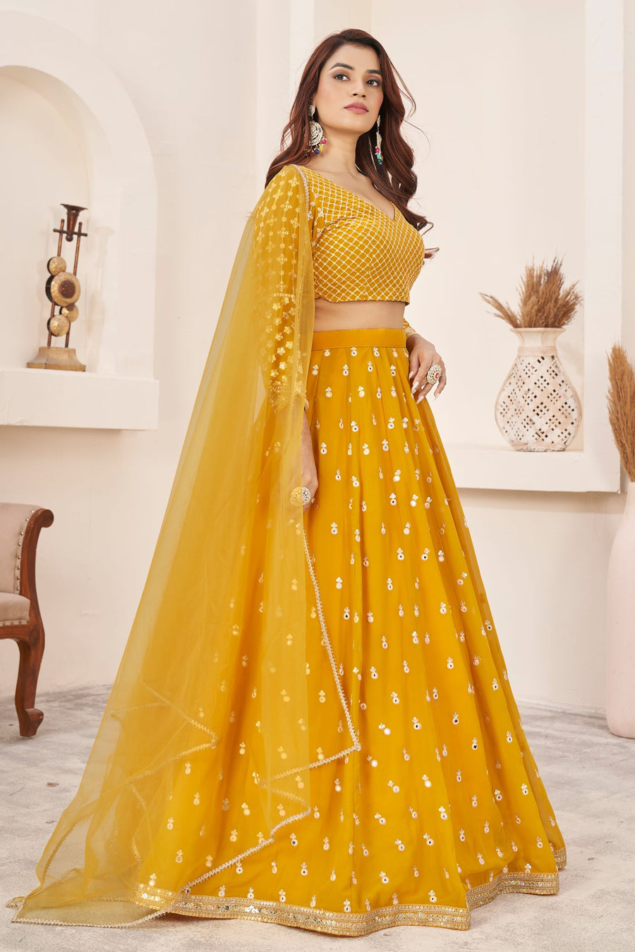 Yellow Georgette Lehenga Choli for Haldi Outfits for Guests