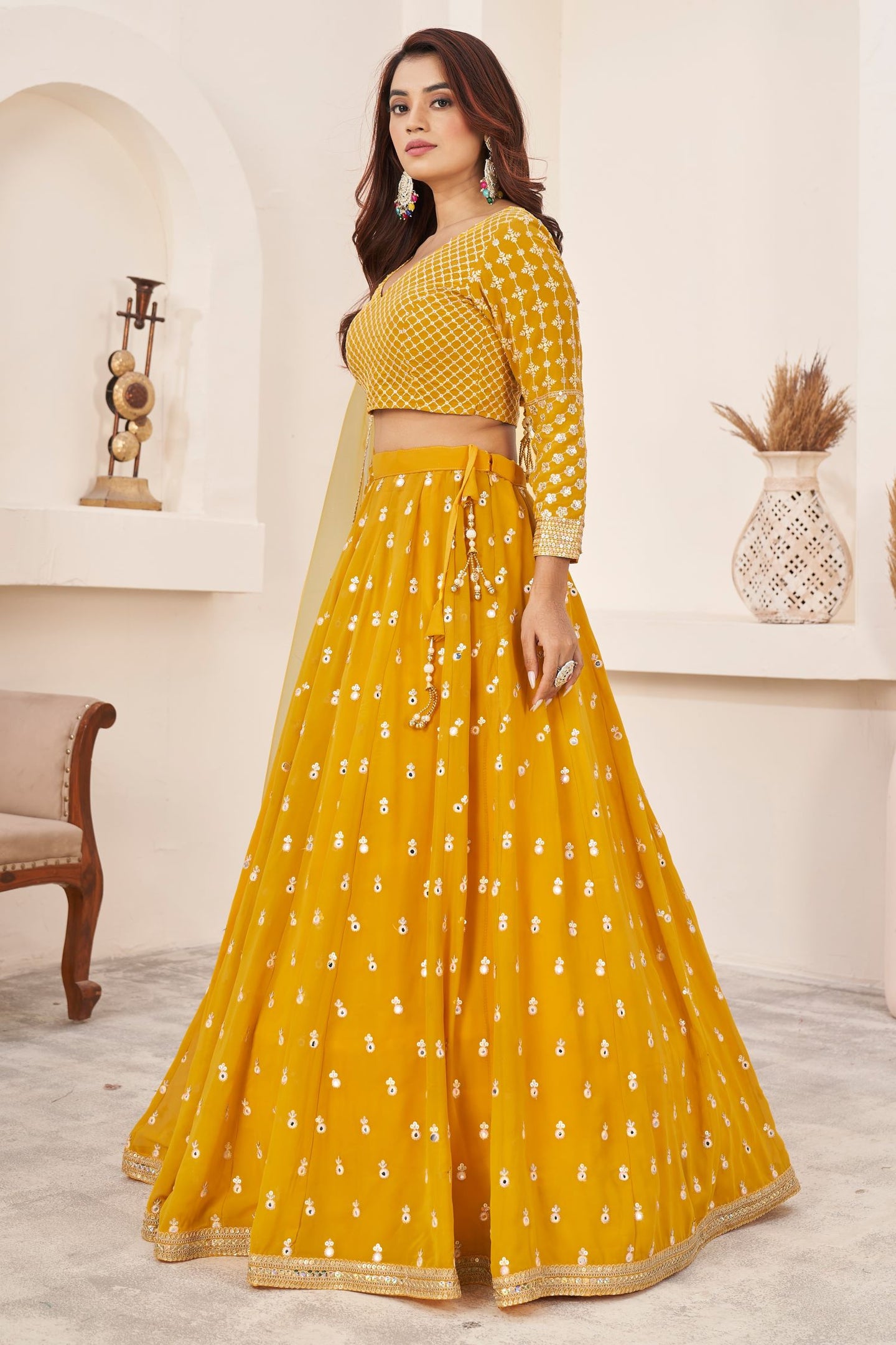 Yellow Georgette Lehenga Choli for Haldi Outfits for Guests