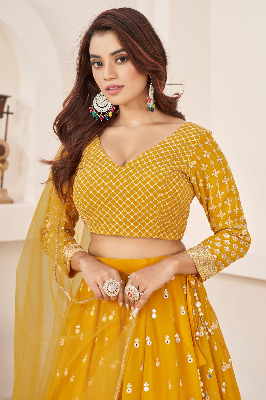 Yellow Georgette Lehenga Choli for Haldi Outfits for Guests
