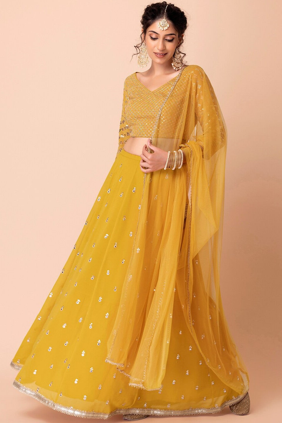 Yellow Georgette Lehenga Choli For Indian Festivals & Pakistani Weddings Dress - Sequence Embroidery Work, Zari Work