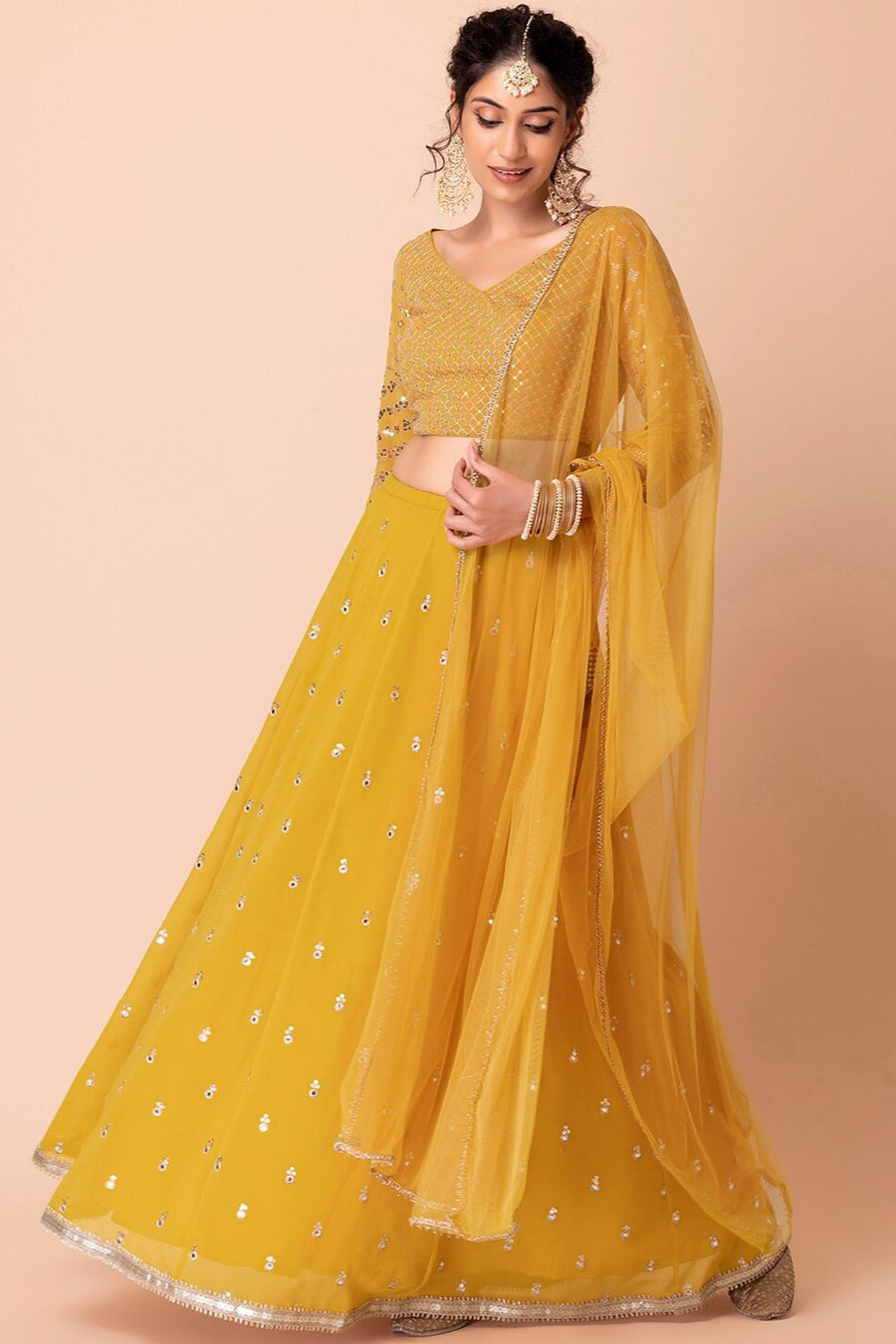 Yellow Georgette Lehenga Choli For Indian Festivals & Pakistani Weddings Dress - Sequence Embroidery Work, Zari Work