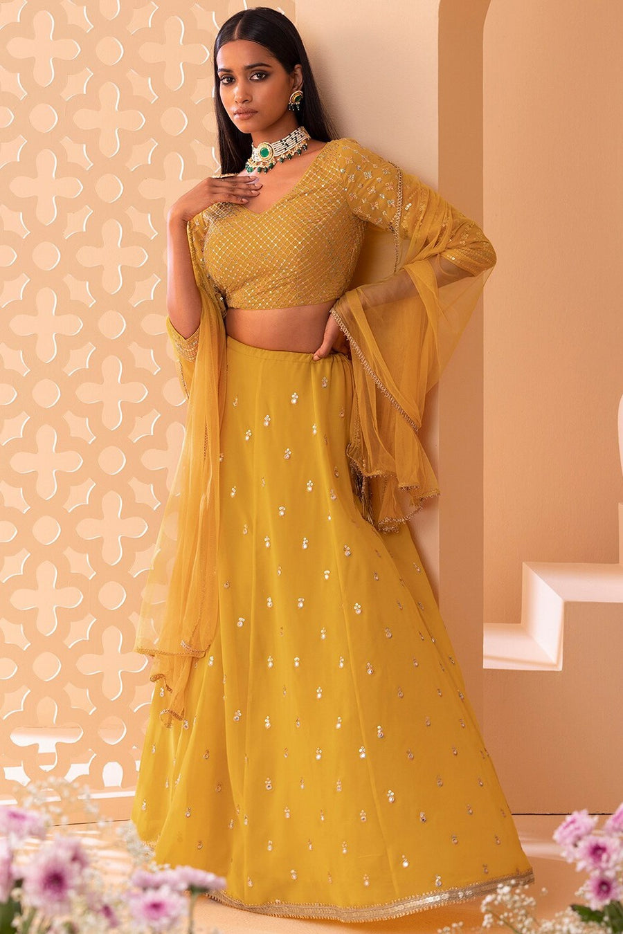 Yellow Georgette Lehenga Choli For Indian Festivals & Pakistani Weddings Dress - Sequence Embroidery Work, Zari Work