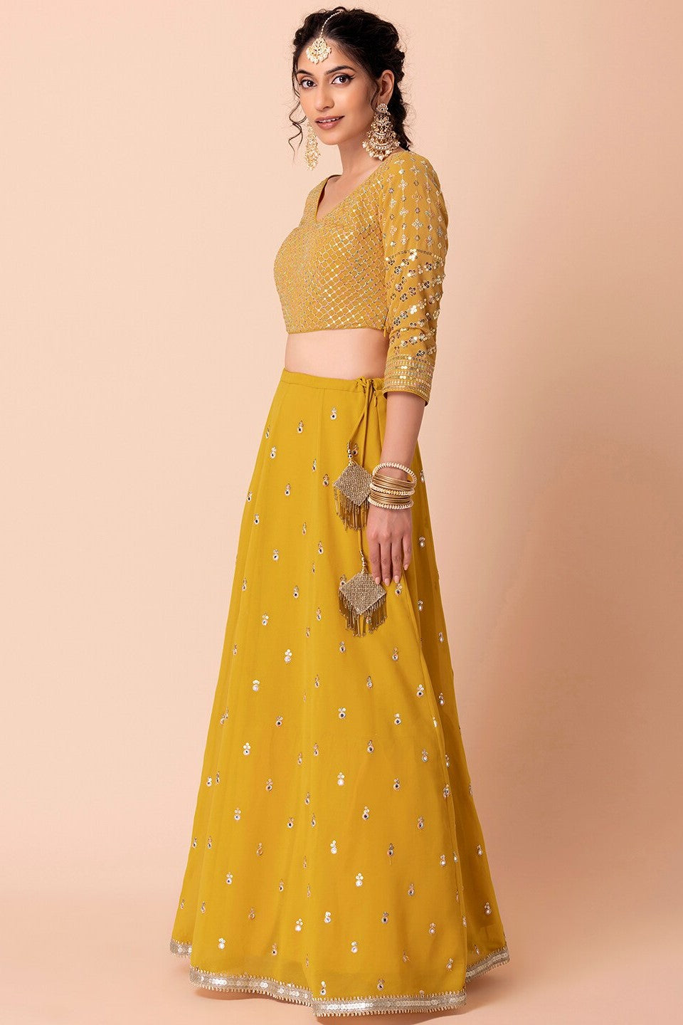 Yellow Georgette Lehenga Choli For Indian Festivals & Pakistani Weddings Dress - Sequence Embroidery Work, Zari Work