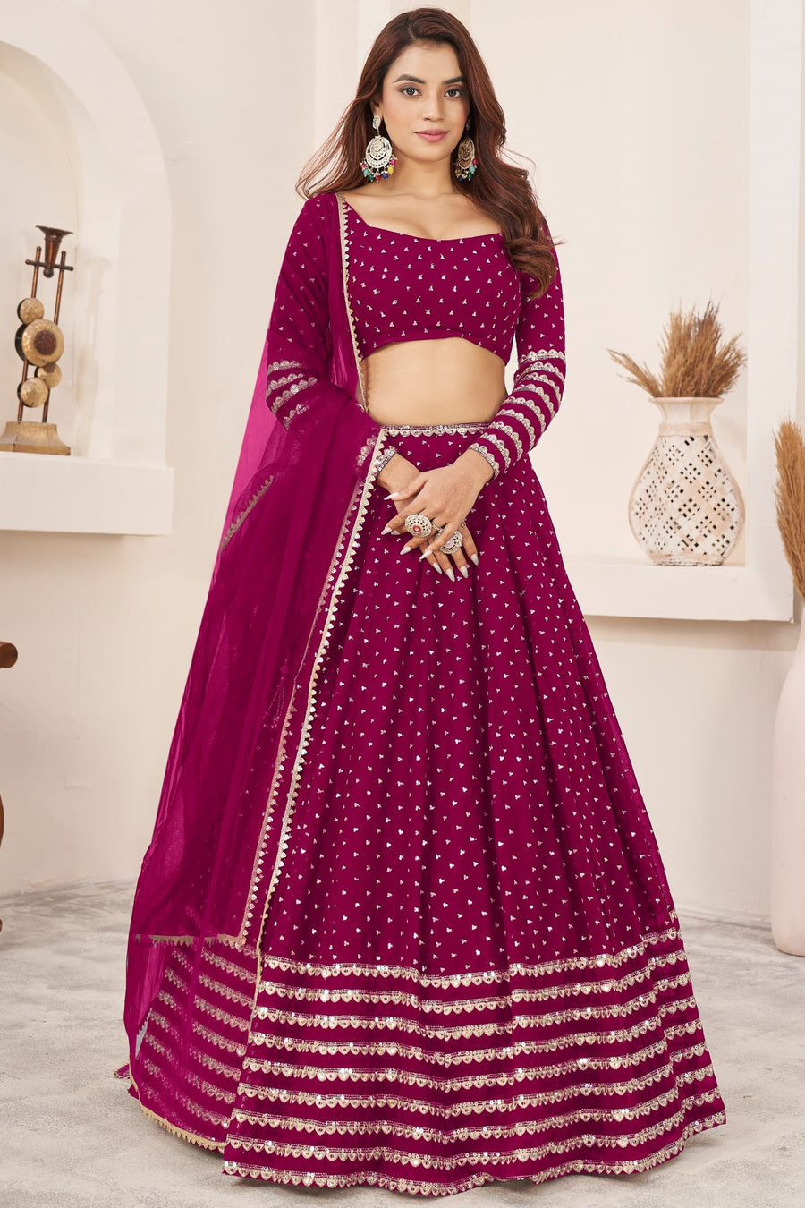 Dark Pink Georgette Embroidered Lehenga with Zari and Sequins Work
