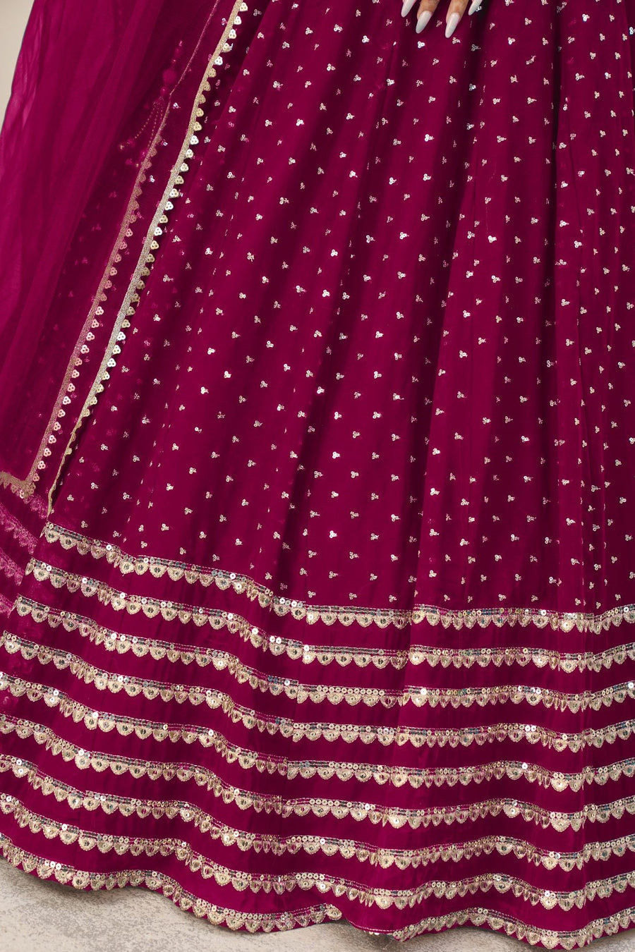 Dark Pink Georgette Embroidered Lehenga with Zari and Sequins Work
