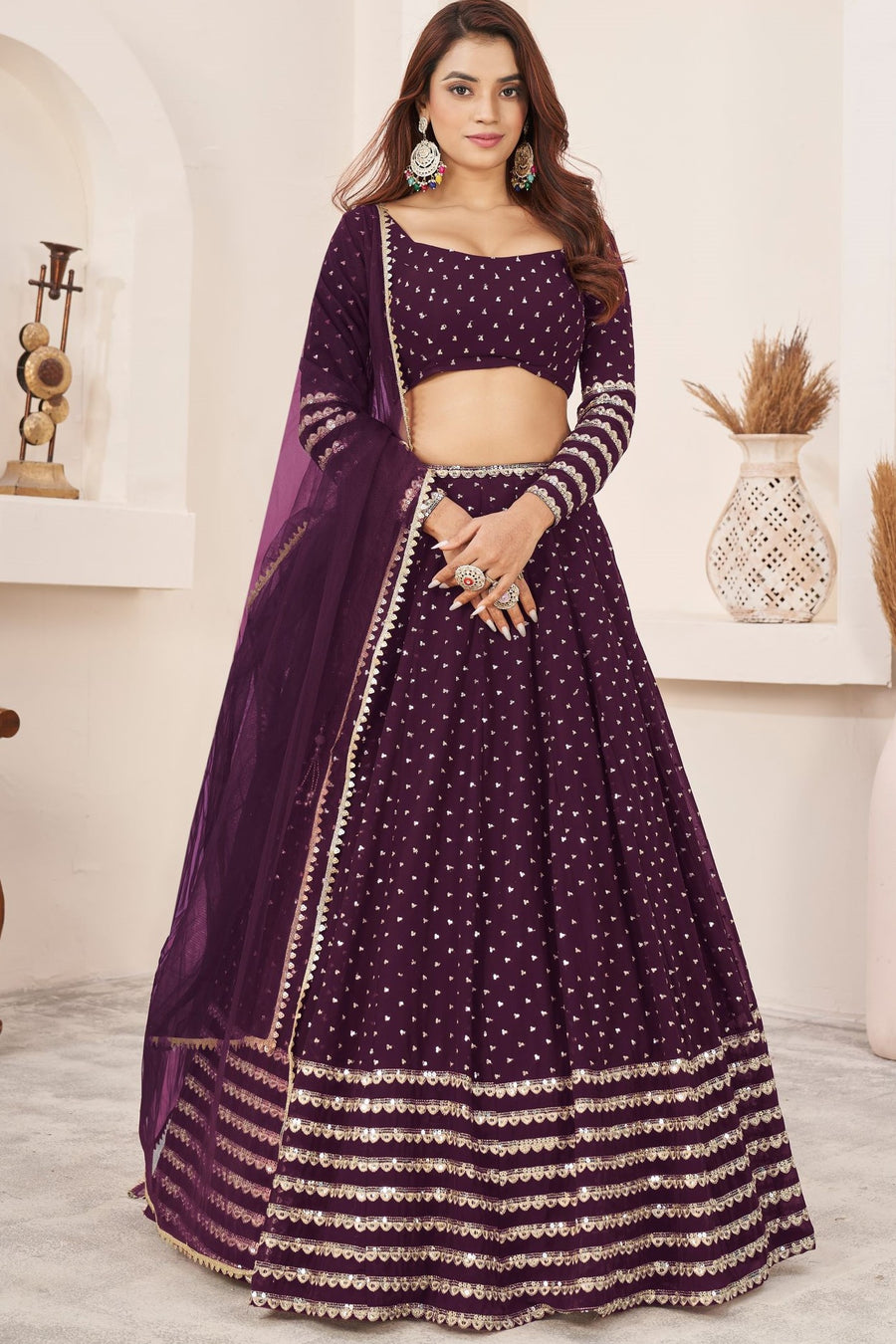 Plum Georgette Embroidered Lehenga Choli with Zari Work