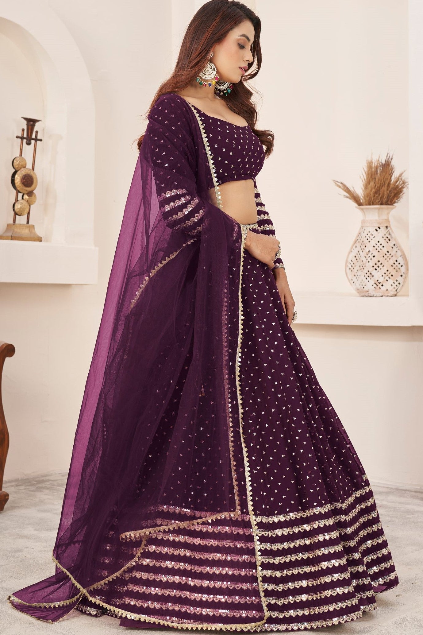 Plum Georgette Embroidered Lehenga Choli with Zari Work
