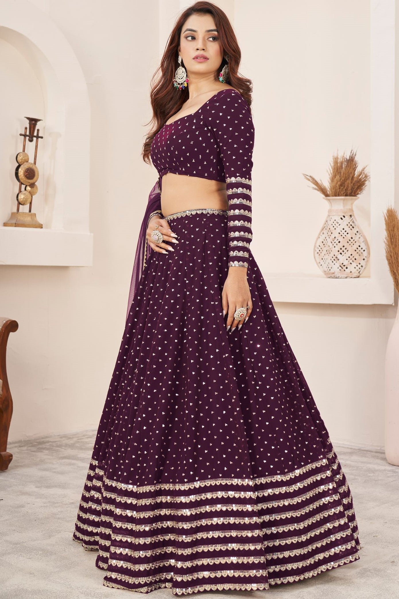 Plum Georgette Embroidered Lehenga Choli with Zari Work