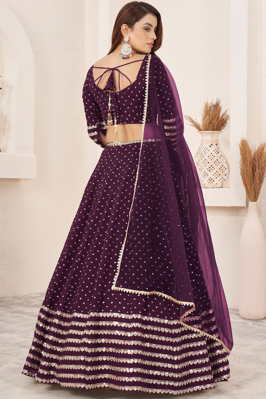 Plum Georgette Embroidered Lehenga Choli with Zari Work
