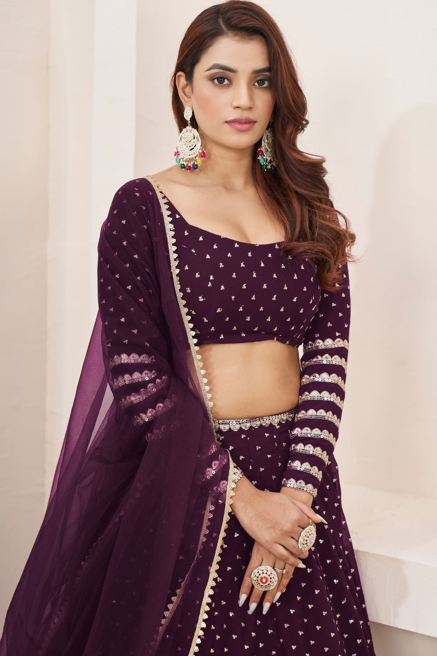 Plum Georgette Embroidered Lehenga Choli with Zari Work