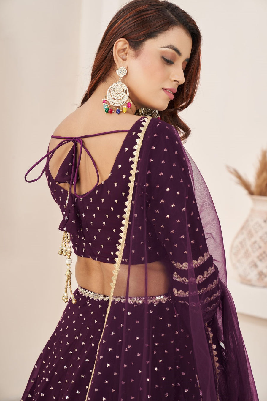 Plum Georgette Embroidered Lehenga Choli with Zari Work