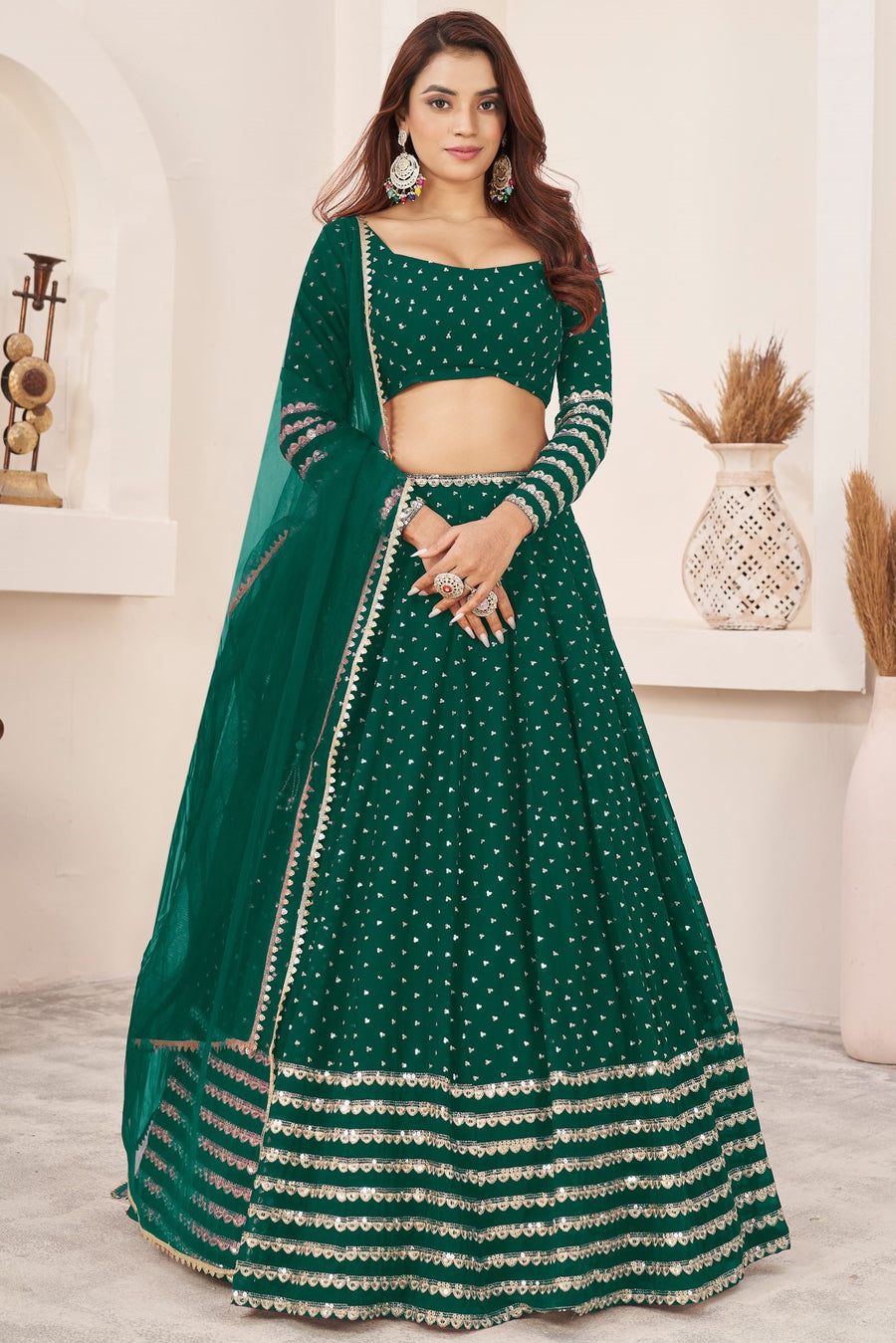 Green Georgette Embroidered Lehenga with Zari and Sequins Work