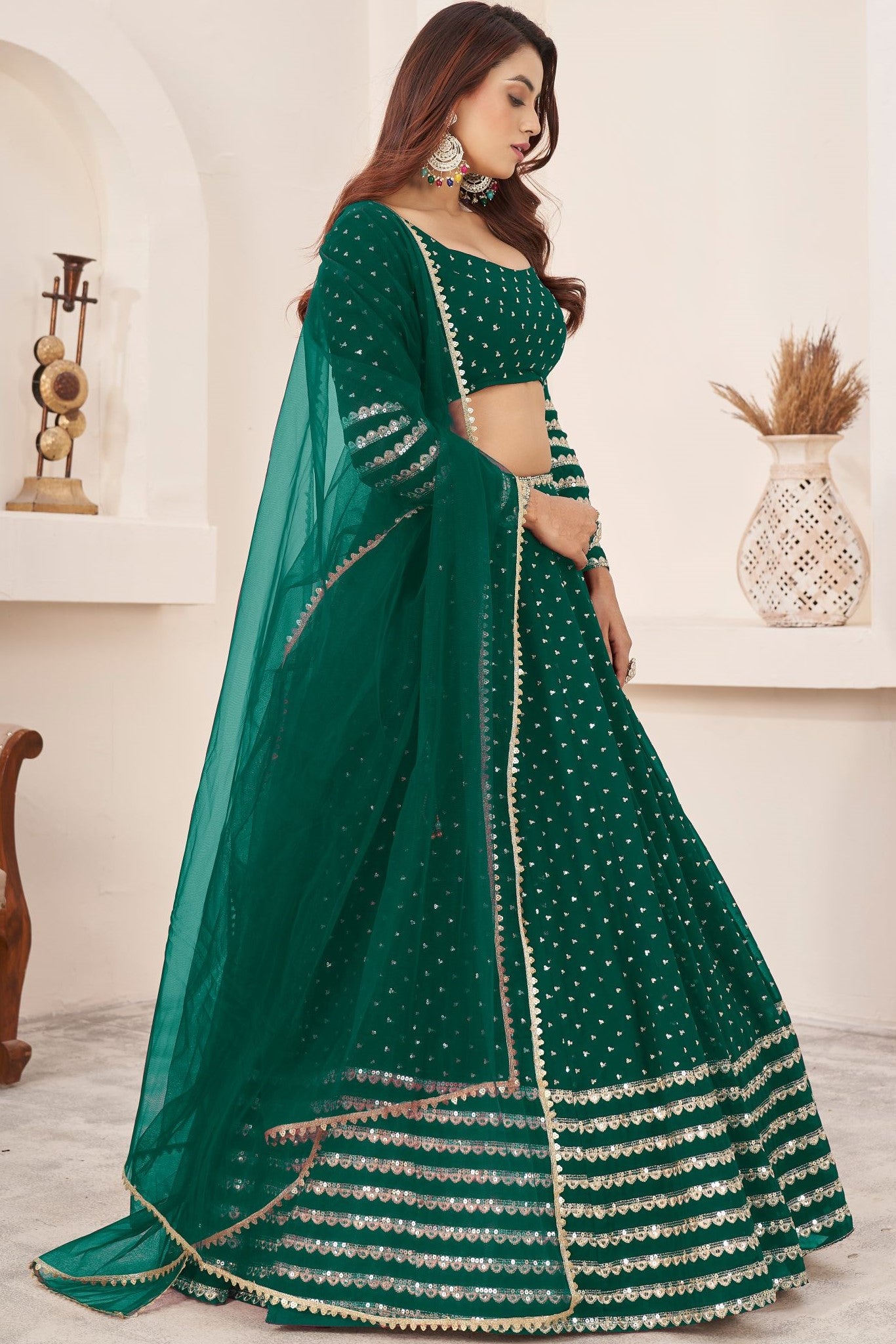 Green Georgette Embroidered Lehenga with Zari and Sequins Work