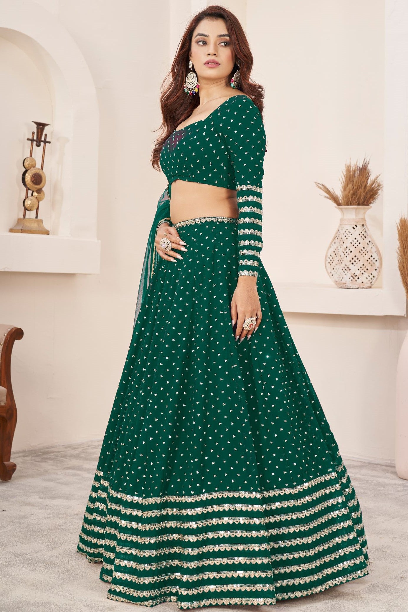 Green Georgette Embroidered Lehenga with Zari and Sequins Work