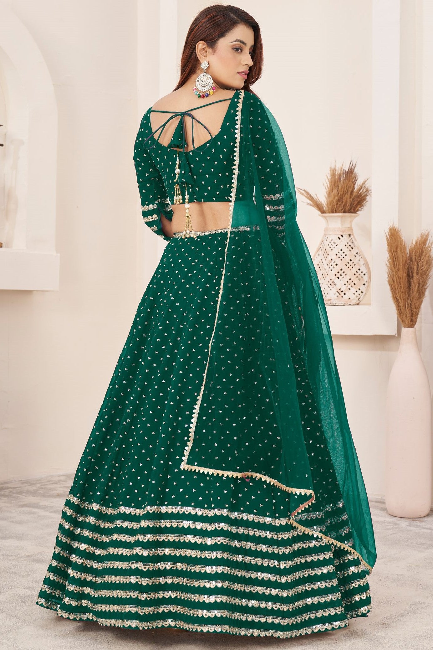 Green Georgette Embroidered Lehenga with Zari and Sequins Work