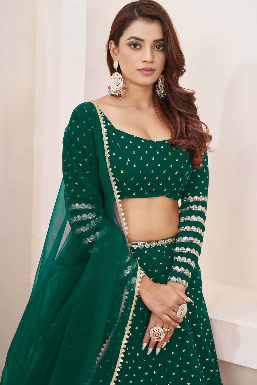 Green Georgette Embroidered Lehenga with Zari and Sequins Work