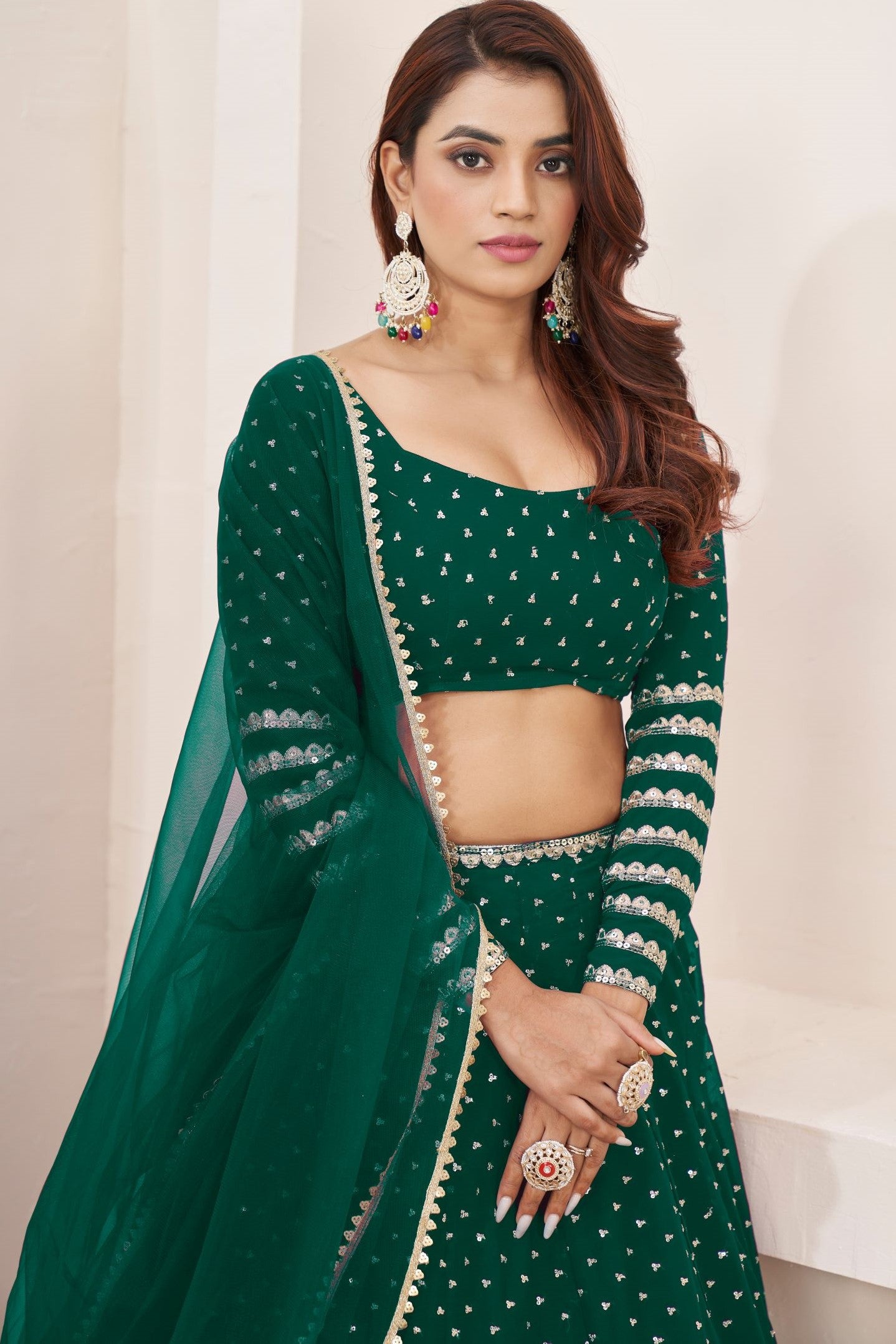Green Georgette Embroidered Lehenga with Zari and Sequins Work