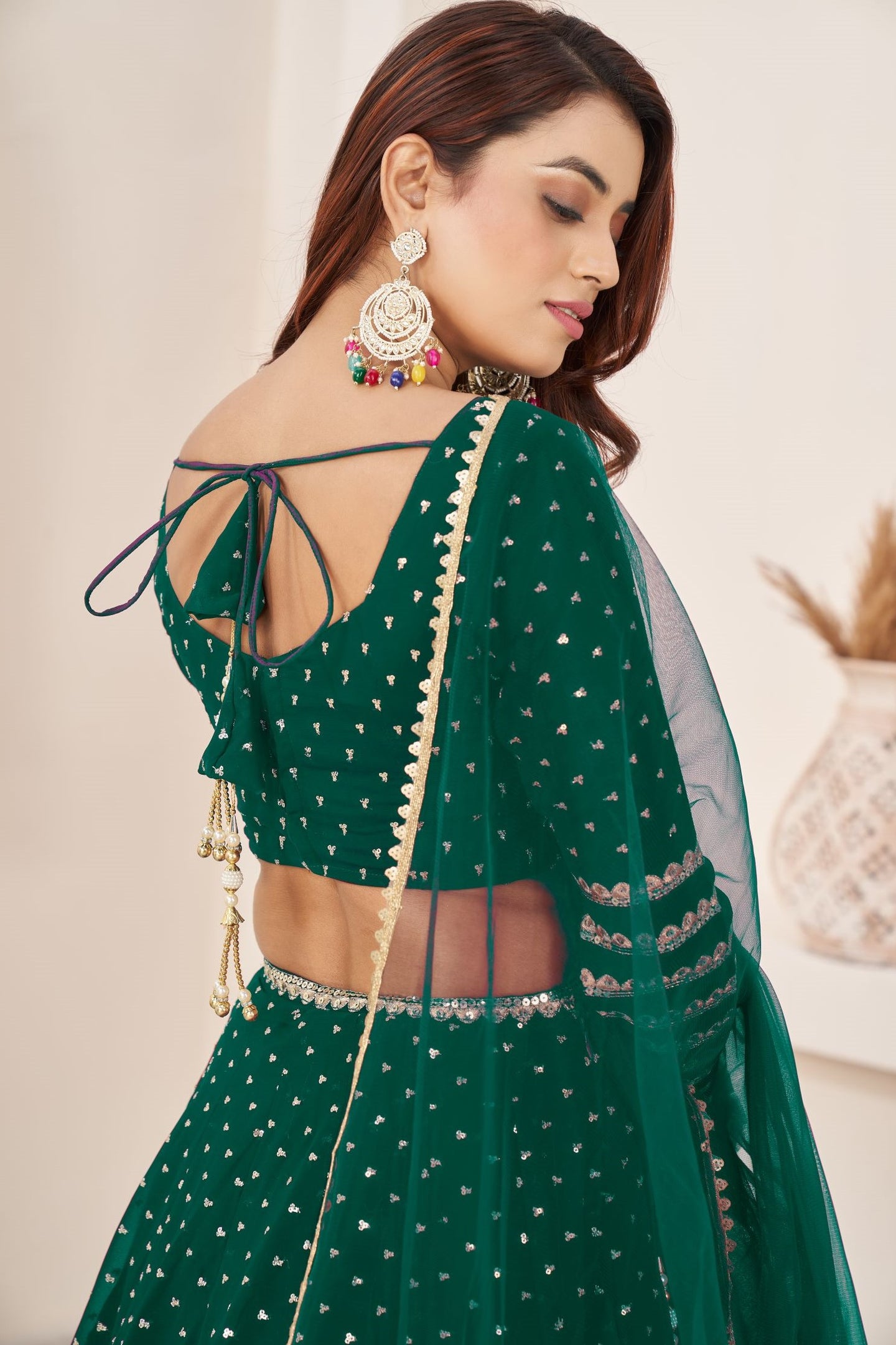 Green Georgette Embroidered Lehenga with Zari and Sequins Work